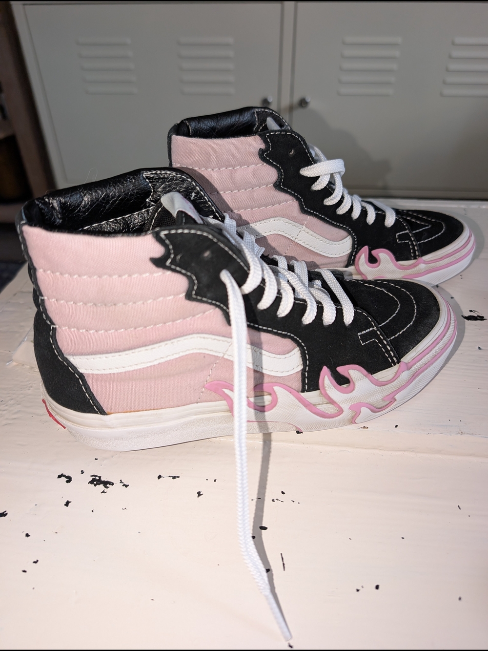 High-Top Pink and Black Flame Accent Sneakers